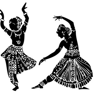 May include: Silhouettes of two dancers in traditional Indian clothing. The dancers are posed in mid-movement, with their arms and legs extended. The clothing is detailed with intricate patterns and designs.