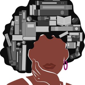 May include: A woman with brown skin and dark hair is depicted with a large stack of books on her head. She is wearing a white tank top and has her hand on her chin. She is wearing large hoop earrings.