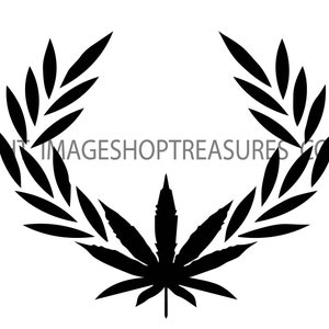 Op de afbeelding: Zwart-witte silhouet van een marihuanablad in een krans van bladeren.