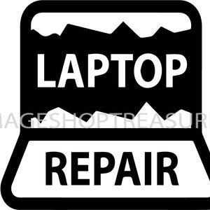 May include: Black and white icon of a laptop with a cracked screen. The text "LAPTOP REPAIR" is written on the icon.