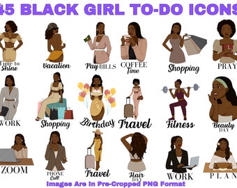 Puede incluir: Un conjunto de 45 ilustraciones digitales que presentan a mujeres negras en varias poses y actividades. Cada ilustración está etiquetada con un elemento de la lista de tareas pendientes, como "Trabajo", "Compras", "Viajes", "Fitness" y "Rezar".