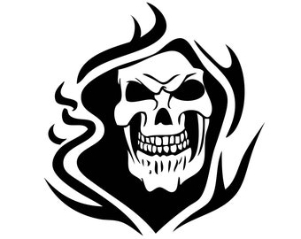 Grim Reaper Fire Flame Smoke Skull Death Sickle Killer Grim Biker Tattoo Skeleton Bone Logo .SVG .PNG Clipart Vector Cricut Cut Cutting