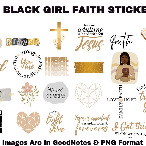 36 Piece Precropped  Black Girl Christian Faith Quotes Digital Stickers for GoodNotes Planner PNG Woman Printable Minority African American