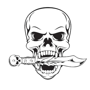 Op de afbeelding: Een zwart-witte illustratie van een schedel met een dolk in zijn mond.