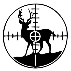 Op de afbeelding: Zwart-witte illustratie van een hert in een richtkruisdoel. Het hert kijkt naar rechts en heeft een groot gewei. Het doel is een cirkel met een richtkruis in het midden.