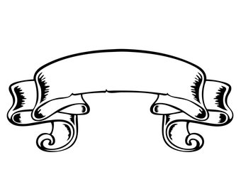 Puede incluir: Una ilustración en blanco y negro de una pancarta decorativa con un espacio en blanco para texto.