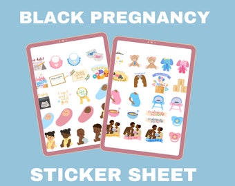 82 Piece Pre-Cropped African American Pregnancy Digital Sticker Sheet Black Ebony Minority Ethnic Good Notes GoodNotes Planner Baby Shower