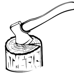 Könnte beinhalten: Eine Schwarzweißillustration einer Axt, die in einem Holzscheit steckt.
