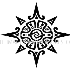 Peut inclure: Illustration stylisée en noir et blanc d'un soleil à huit pointes, avec un motif géométrique au centre.