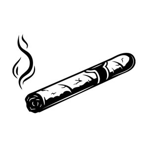 Puede incluir: Una ilustración en blanco y negro de un cigarro encendido con humo que sale del extremo.