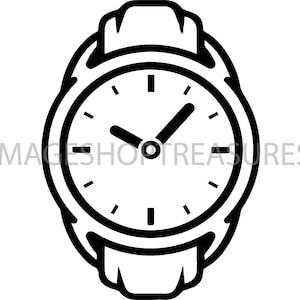 Op de afbeelding: Een zwart-witte lijntekening van een polshorloge met een ronde wijzerplaat en wijzers.