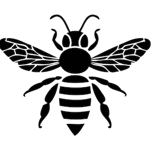 May include: Black and white silhouette of a bee with wings spread out. The bee has a striped abdomen and a round head.