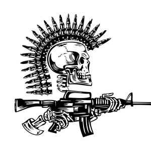 May include: Black and white illustration of a skull with a mohawk of bullets, holding a rifle.