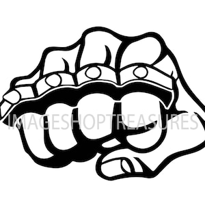 May include: Black and white illustration of a hand wearing a knuckle duster.