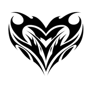 May include: Black and white tribal heart tattoo design. The heart is made up of intricate swirls and lines.
