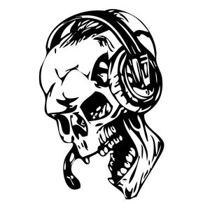 May include: A monochrome illustration of a skull wearing headphones and a microphone. The skull's mouth is open, and the design is detailed. The image has a gaming or music theme, suitable for graphic design.