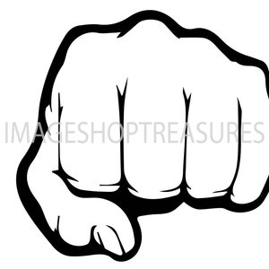 May include: A black and white illustration of a clenched fist.