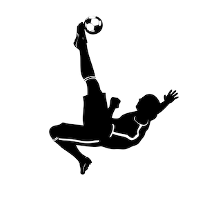 May include: Silhouette of a soccer player kicking a ball in mid-air.