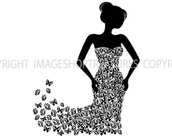 Butterfly Dress Wedding Floral Bride Shower Bridal Invitation Jpeg Png EPS Svg Clip Art Logo Cricut Cut Cutting Ebony Silhouette Pattern