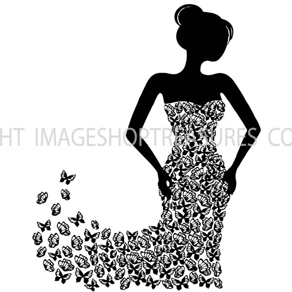 Butterfly Dress Wedding Floral Bride Shower Bridal Invitation Jpeg Png EPS Svg Clip Art Logo Cricut Cut Cutting Ebony Silhouette Pattern