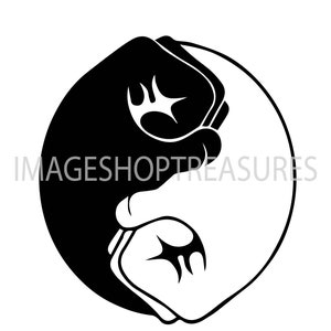May include: Black and white yin yang symbol with a stylized fist in each half.