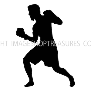 May include: Silhouette of a person in a boxing stance, wearing shorts and gloves.