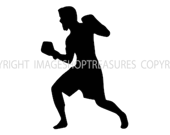 May include: Silhouette of a person in a boxing stance, wearing shorts and gloves.