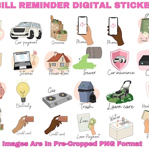 25 Stück Pre Cropped Bill Zahlung Erinnerung Icons Digital & Printable Sticker Sheet für Planner Auto Zahlung Wasser Sticker Gas Sticker Rent