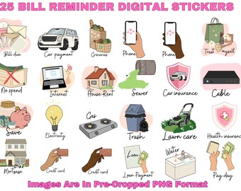 25 Piece Pre Cropped  Bill Payment Reminder Icons Digital & Printable Sticker Sheet for Planner Car Payment Water Sticker Gas Sticker Rent