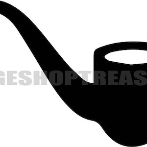 May include: A black silhouette of a pipe with a curved stem and a round bowl.