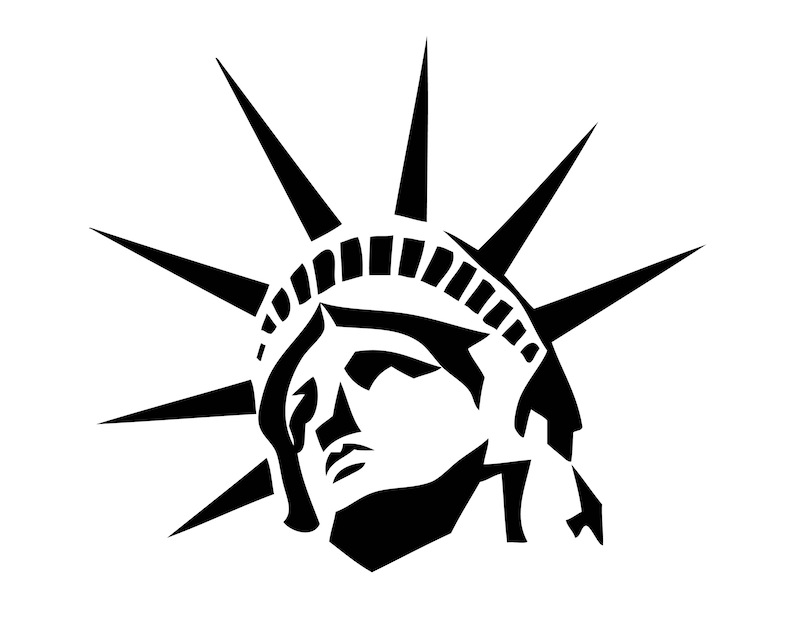 Peut inclure: Graphique en noir et blanc du visage et de la couronne de la Statue de la Libert&eacute;. Le visage de la statue est de profil, avec une expression s&eacute;rieuse. La couronne a sept pointes, sur fond blanc.