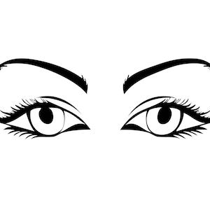 May include: A close-up of a pair of black outlined eyes with thick eyelashes and white pupils.