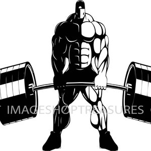 May include: Black and white illustration of a muscular person lifting a barbell. The person is wearing a cap and shorts. The barbell is made up of two black and white weights connected by a metal bar.