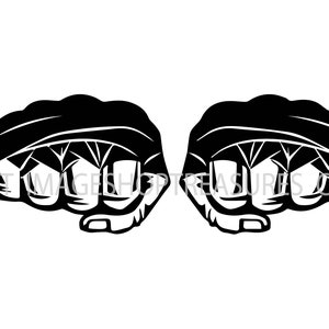 May include: Two black fists with white tape wrapped around the knuckles. The fists are clenched and the knuckles are prominent.