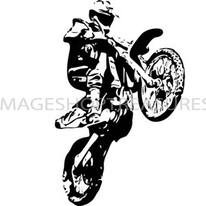 May include: A black and white silhouette of a motocross rider performing a wheelie on a dirt bike.