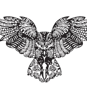 May include: Black and white line art illustration of an owl with intricate patterns on its wings and body.