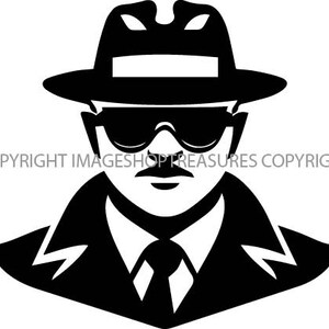Könnte beinhalten: Schwarz-weiß-Illustration einer Person mit Fedora-Hut, Sonnenbrille und Anzugjacke mit Krawatte.