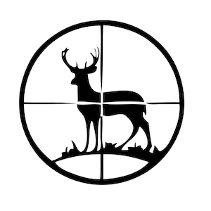 May include: Black and white silhouette of a deer in a crosshair target. The deer is standing in a grassy field.