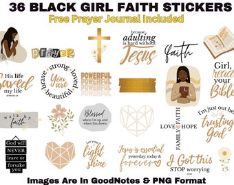 36 Piece Precropped  Black Girl Christian Faith Quotes Digital Stickers for GoodNotes Planner with Free Prayer Journal PNG African American