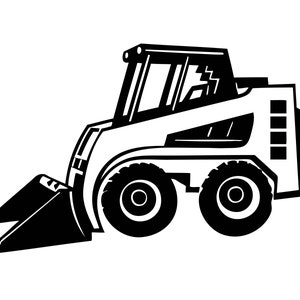 Op de afbeelding: Een zwart-witte illustratie van een kleine, witte shovel met een zwarte bak. De shovel heeft een zwarte cabine met een raam en een zwart stuurwiel.
