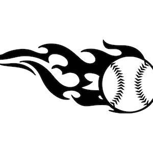 May include: A black and white illustration of a baseball on fire. The baseball has white stitching and is set against a white background.