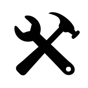 May include: Black and white silhouette of a wrench and hammer crossed over each other.