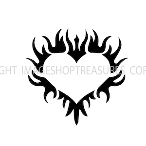 May include: Black and white tribal design of a heart with flames around it.
