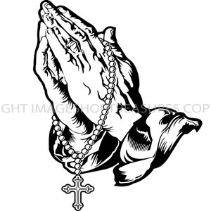 Pode incluir: Ilustração em preto e branco de mãos a rezar segurando um rosário com um pingente de cruz.