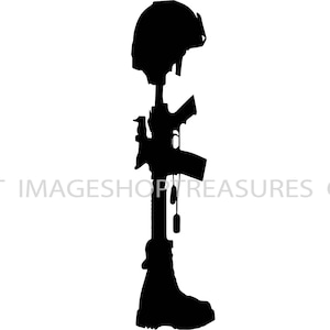 Może przedstawiać: Czarna sylwetka hełmu wojskowego, karabinu i buta, stojąca prosto w hołdzie.