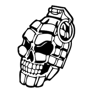 May include: Black and white illustration of a skull shaped like a grenade.