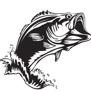May include: Black and white illustration of a bass fish jumping out of the water. The fish is facing right and has its mouth open. The water is depicted as a series of waves.
