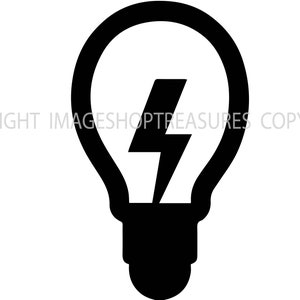 以下が含まれることがあります： 電球の中に稲妻が描かれた白黒のイラスト。電球はアイデアと革新の象徴です。