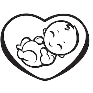 May include: A black and white line drawing of a baby sleeping inside a heart shape.