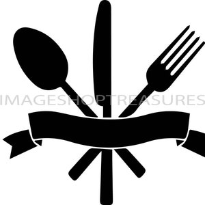 Puede incluir: Silueta negra de un tenedor, un cuchillo y una cuchara cruzados entre sí con una pancarta negra debajo. La pancarta está en blanco.